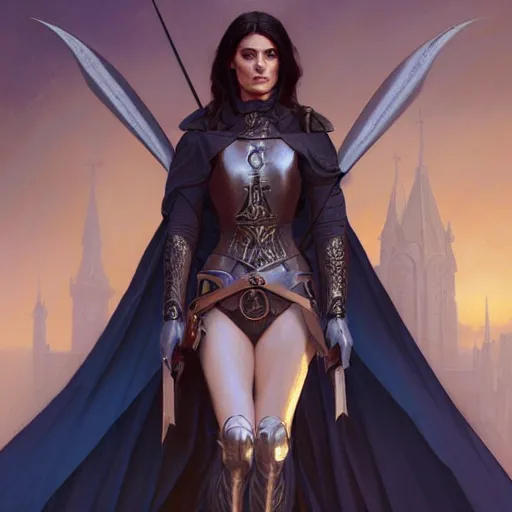 Image similar to Ashley Greene with dark blue hair as Joan of Arc, western, D&D, fantasy, intricate, elegant, highly detailed, digital painting, artstation, concept art, matte, sharp focus, illustration, art by Artgerm and Greg Rutkowski and Alphonse Mucha