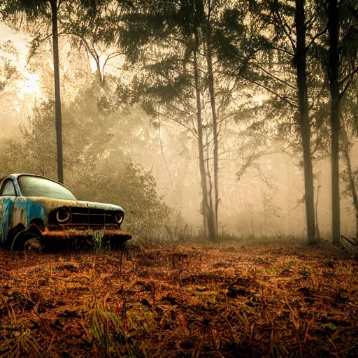 Prompt: abandoned decrepit home and shed in the middle of a grassy clearing in the forest, slowly being reclaimed by nature. rusted vintage car under a leaky car port. fog, rain, volumetric lighting, beautiful, golden hour, sharp focus, ultra detailed, cgsociety - w 1 0 2 4 - n 8 - i