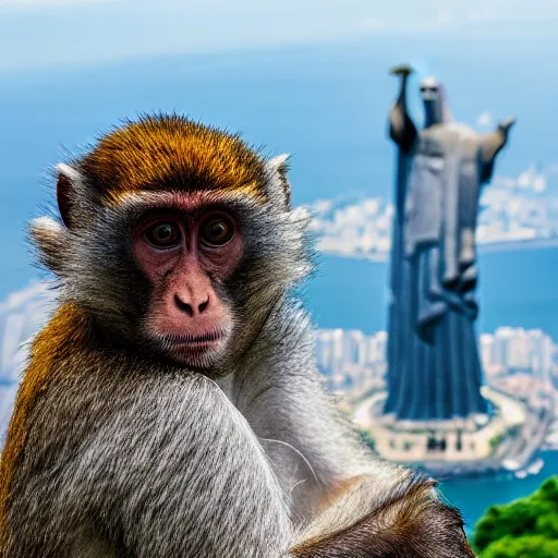 Image similar to high quality portrait of a monkey in front of Christ The Redeemer, studio photograph, photograph, realistic photo, 8k photo, 4k photo, stock photo, high resolution, cinematic shot, high detail