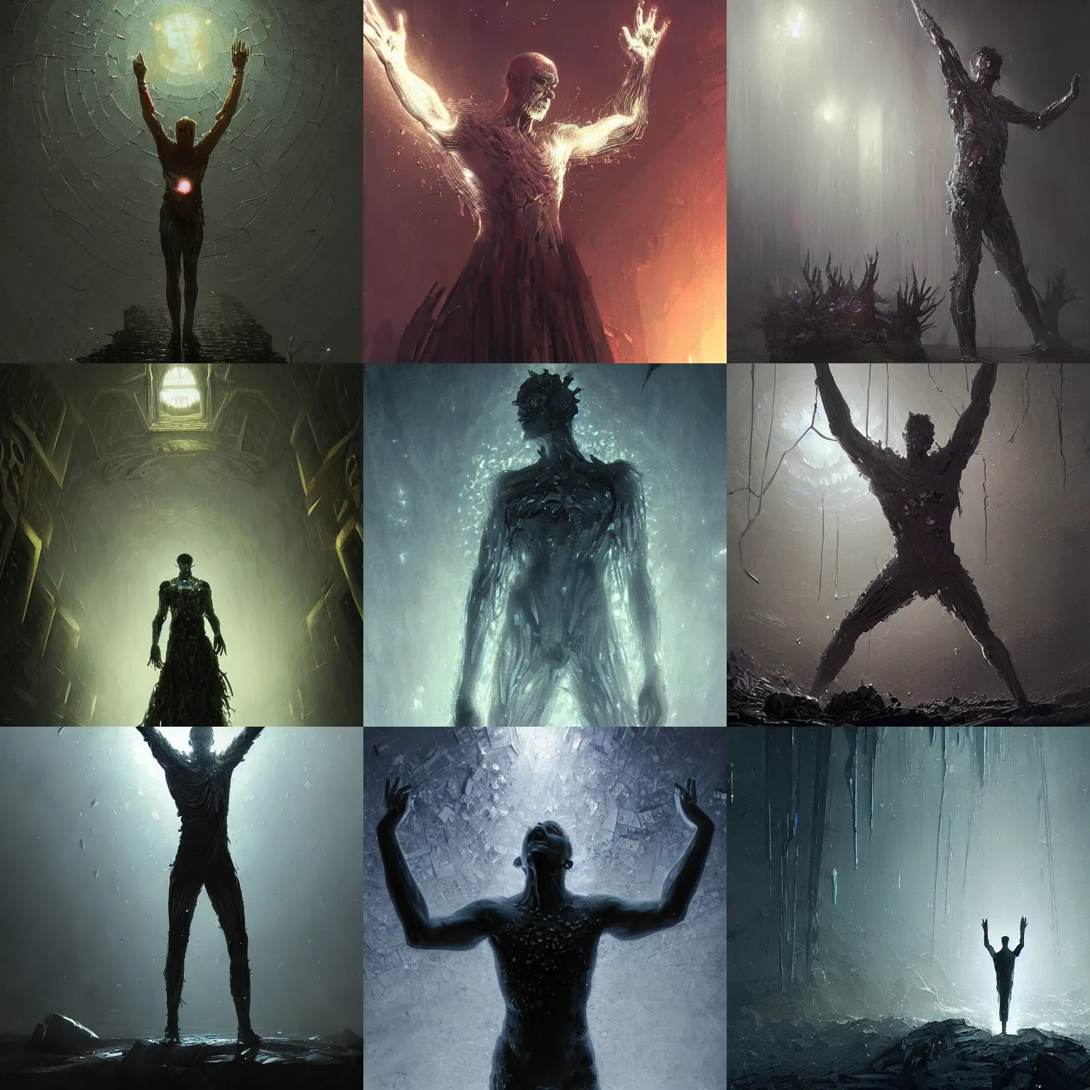 Prompt: man made of crystals, arms raised, cracked surface with glow beneath, fantasy, gloomy, dark atmosphere, detailed, concept art, smooth, sharp focus, illustration, greg rutkowski