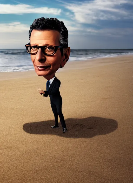 Image similar to jeff goldblum as a banana on the sand of a beach