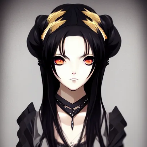 Image similar to front-facing headshot of a young gothic anime woman with black hair and golden highlights, wearing pretty makeup, drawn by WLOP, by Avetetsuya Studios, anime portrait, trending on artstation