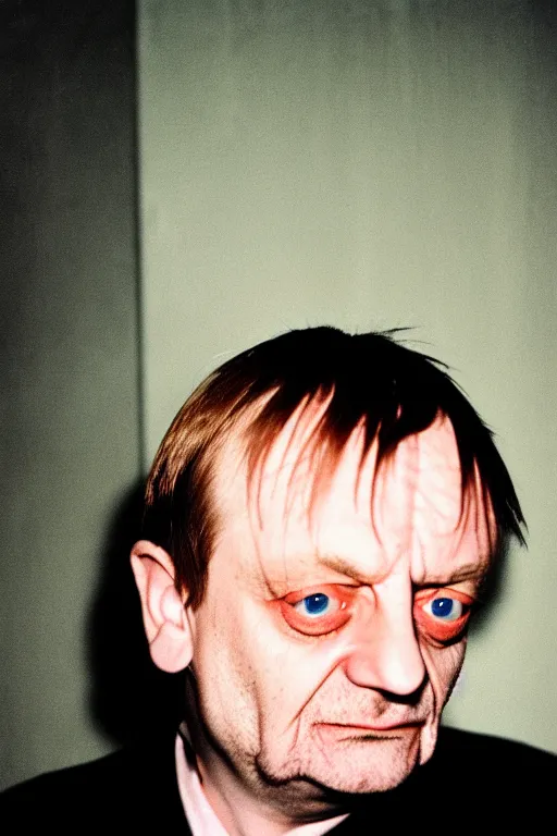 Image similar to highly detailed full colour photo of Mark E Smith, smoking a cigarette