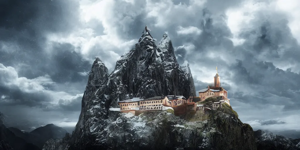 Image similar to A monastery on top of a snowy mountain surrounded by epic clouds by max schiller, cinematic, cinema lighting, ultra realistic, concept art, award winning