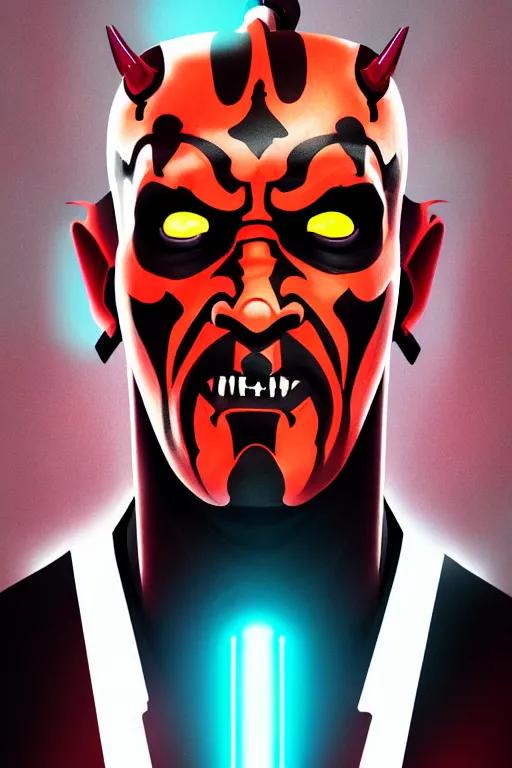 Prompt: a portrait of the darth maul from star wars, neon, cyberpunk, short beard, high - contrast, intricate, elegant, highly detailed, digital painting, artstation, concept art, smooth, sharp focus, illustration