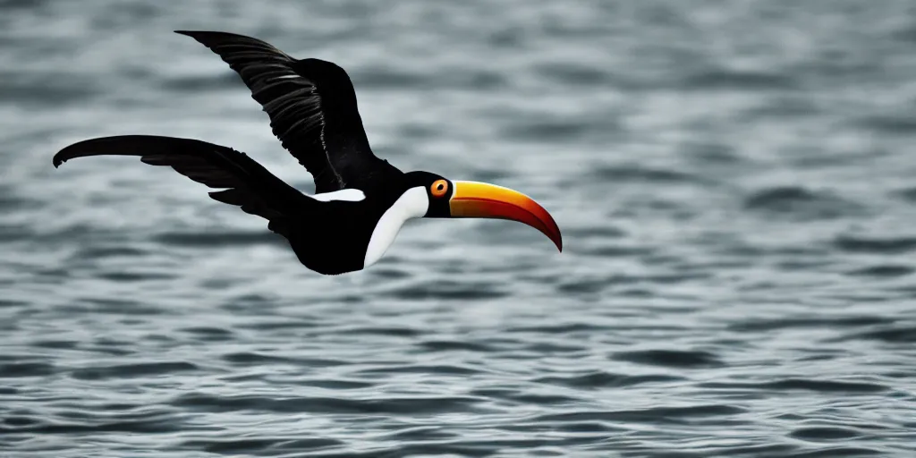 Prompt: a toucan flying on a lake, midnight, lake, reflections, dark, mystery, wavy lake, moon light