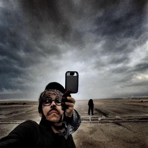 Image similar to the last selfie on earth, photography, apocalyptic