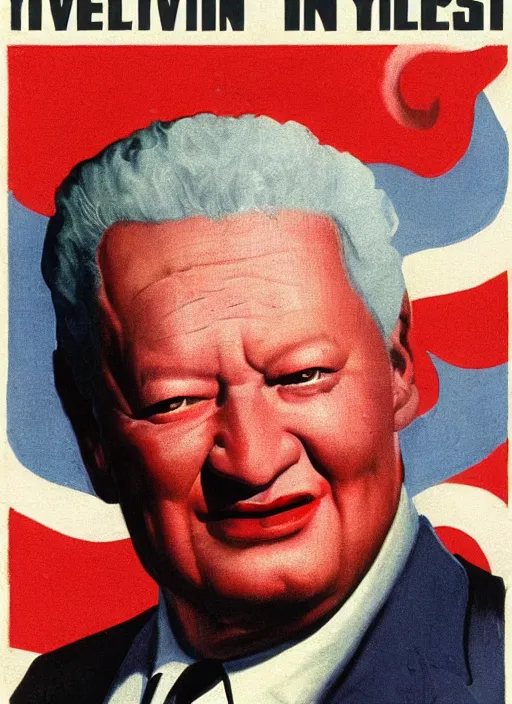Prompt: yeltsin president in hell, devils and sinners, advertising in the style of american art of the 1 9 5 0 s in color