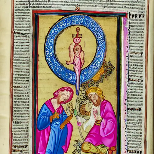 Prompt: richly illuminated manuscript page of the Gospel of the Invisible Pink Unicorn,