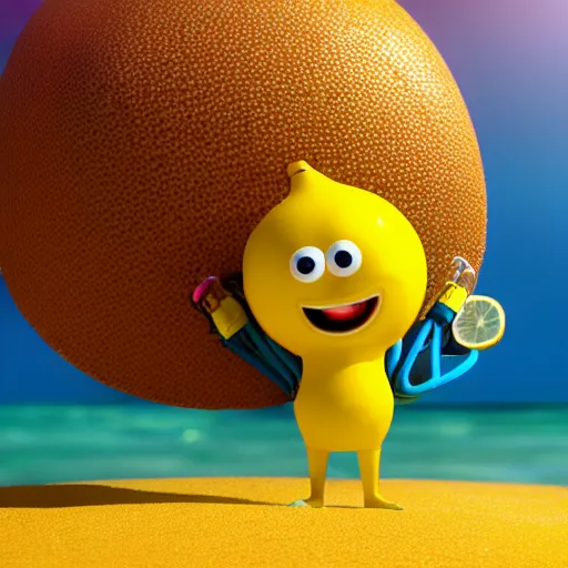 Image similar to 3 d octane render, of an anthropomorphic lemon character, with lemon skin texture, it is wearing a hat and scuba diving suit, building a sandcastle on the beach at sunset, beach, huge waves, sun, clouds, long violet and green trees, rim light, cinematic photography, professional, sand, sandcastle, volumetric lightening