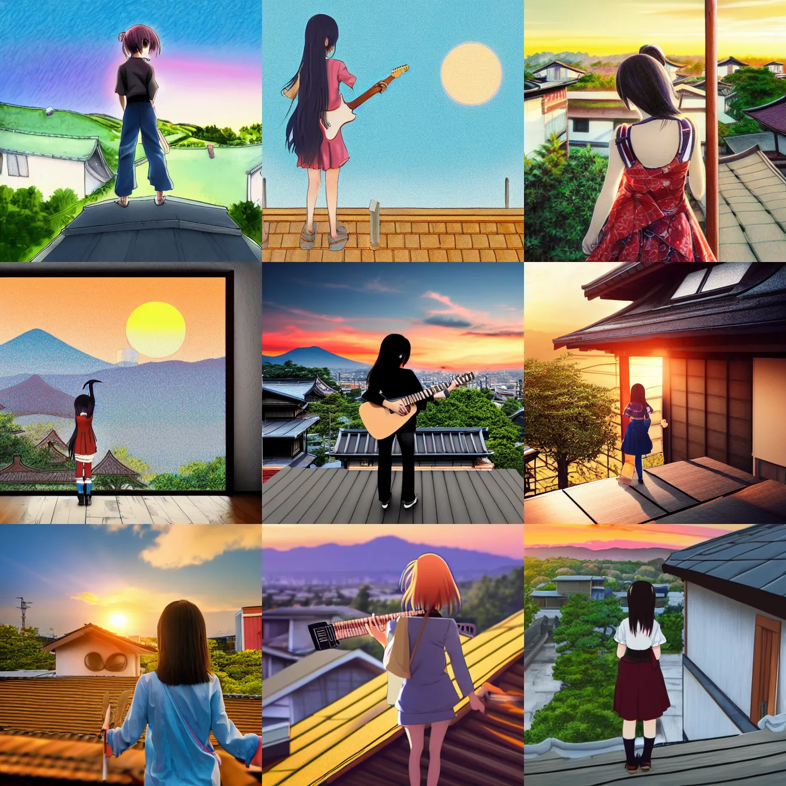 Prompt: anime girl stands on the roof of a japanese house and plays the guitar against the sunset, back view, pencil