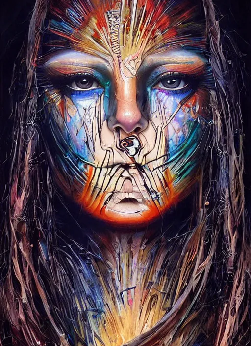 Prompt: incredible magic cult psychic woman, symmetrical painted face, third eye, energetic consciousness psychedelic, epic surrealism expressionism symbolism, story telling, iconic, dark robed, oil painting, layers on layers on layers, dark myth mythos, by Sandra Chevrier , Bruce Pennington, masterpiece