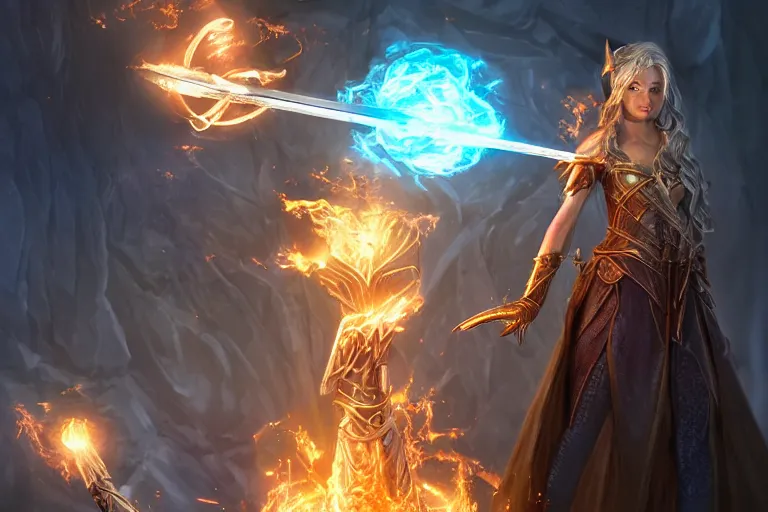 Image similar to ultra detailed fantasy, a beautiful magician with. a fireball in her hand, an ice sword, realistic, dnd, rpg, lotr game design fanart by concept art, behance hd, artstation, deviantart, global illumination radiating a glowing aura global illumination ray tracing hdr render in unreal engine 5