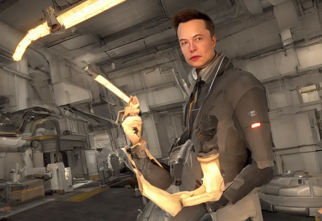 Image similar to elon musk in half life, elon musk in the video game half life, gameplay screenshot, close up, 3 d rendering. unreal engine. amazing likeness. very detailed.