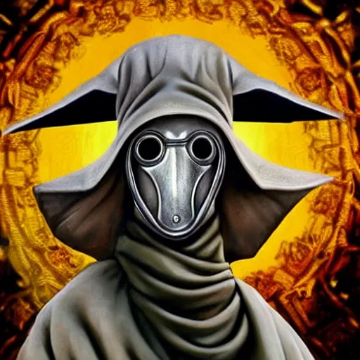 Image similar to 4K headshot portrait of godlike Plague Doctor of Nazareth with defined arms and open hands and bloody clothes with giant mandala wings , intricate face , flawless anime cel animation by Kentaro Miura, psychedelic , highly detailed upper body , professionally post-processed , beautiful, scary, symmetry accurate features, epic, octane rendered, anime masterpiece, accurate by Craig Mullins, ilya kuvshinov, krenz cushart, epic , artgerm trending on artstation by Edward Hopper and Dan Mumford and WLOP and Rutkovsky, beksinski carl spitzweg moebius and tuomas kocar, intricate artwork by caravaggio, Unreal Engine 5, Lumen, Nanite