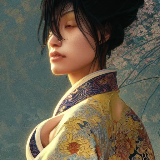 Prompt: lightskin woman in a kimono, lower back, ultra realistic, concept art, intricate details, eerie, horror, highly detailed, photorealistic, octane render, 8 k, unreal engine. art by artgerm and greg rutkowski and alphonse mucha