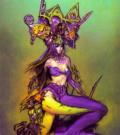 Image similar to evil princess of the wasteland, scrap metal headdress, strong line, vivid neon color, yellow purple, beautiful! coherent! by brian froud, by frank frazetta, low angle