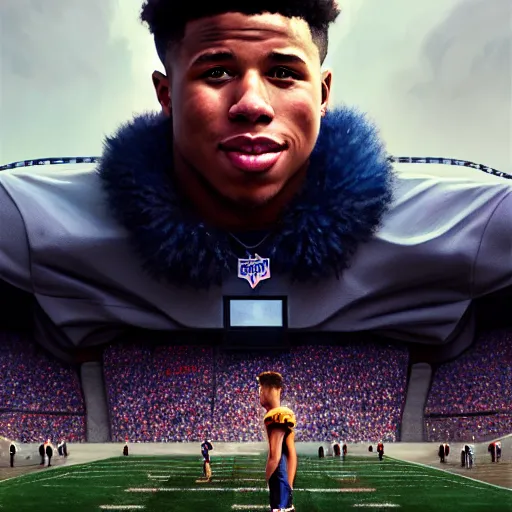 Prompt: highly detailed portrait of saquon barkley towering over a football stadium, unreal engine, fantasy art by greg rutkowski, loish, rhads, ferdinand knab, makoto shinkai and lois van baarle, ilya kuvshinov, rossdraws, tom bagshaw, global illumination, radiant light, detailed and intricate environment h 6 0 4