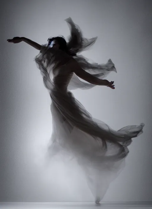 Image similar to a Photorealistic dramatic hyperrealistic render of a glamorous beautiful Female smoke dancer by Ken Brower and Deborah Ory of NYC Dance project,Lois Greenfield,Flowing cloth and smoke,Beautiful dynamic dramatic dark moody lighting,volumetric,shadows,cinematic atmosphere,Octane render,8K