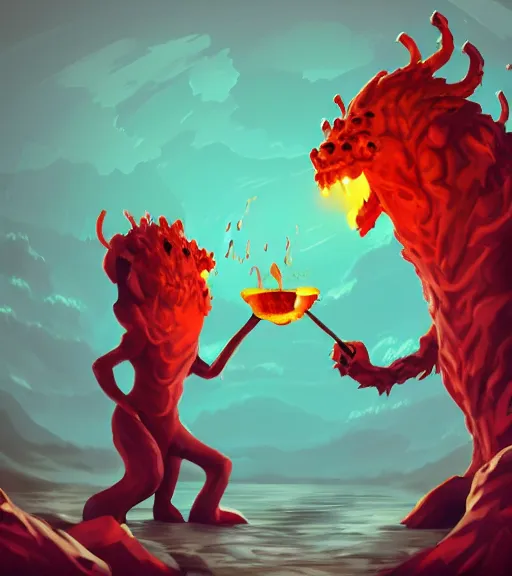 Image similar to monsters drinking lava, tasty molten rocks, creatures that eat liquid minerals, trending on artstation