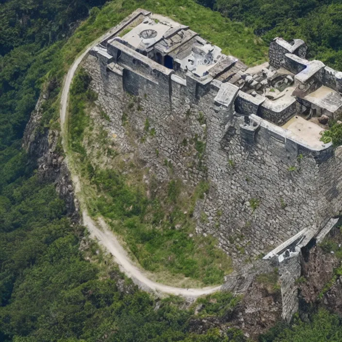 Prompt: aerial view of a fortress from above on a hill by the ocean shaped exactly like the punisher symbol detailed