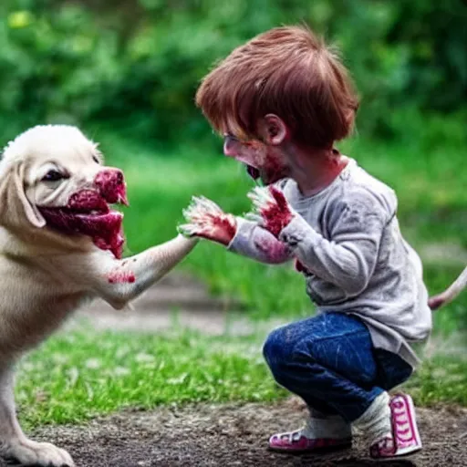 Image similar to a cute friendly zombie playing with a puppy