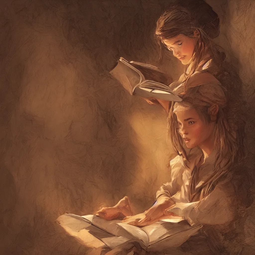 Image similar to village girl reading a book, cinematic, intricate, elegant, highly detailed, digital painting, artstation, concept art, smooth, sharp, focus, illustration, art by artgerm and Johfra Bosschart