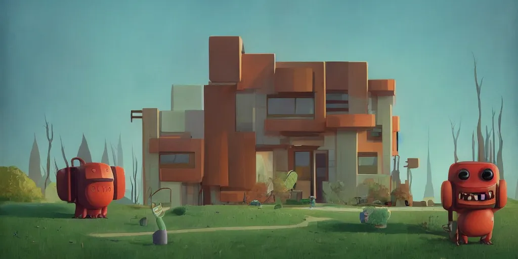 Prompt: cute cartoon striped monster in front of a Frank Lloyd wright house by Goro Fujita and Simon Stalenhag , 8k, trending on artstation, hyper detailed, cinematic