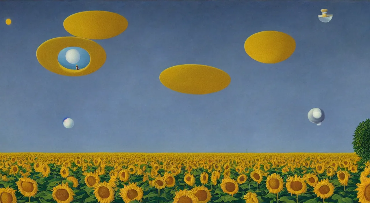 Prompt: Ultra detailed oil painting by Rene Magritte showing UFO above sunflower field at sunny day,