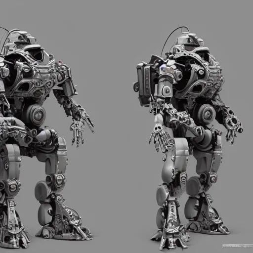 Prompt: big biomechanical mech warrior, scifi, hard surface, model, zbrush, white background, intricate, detailed, centered, hyperrealism, octane, robotic head n- 5