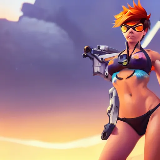 prompthunt: overwatch tracer in a bikini, digital art, pretty face, very  beautiful face, very detailed eyes, 8 k resolution, by wlop, greg  rutkowski, full body