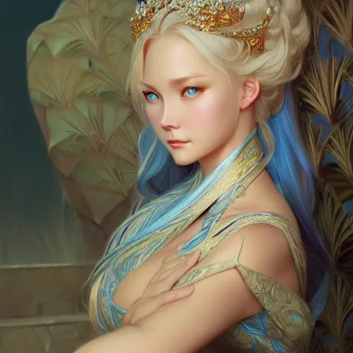 Image similar to elegant Chinese princess, D&D, blue eyes, blonde hair, fantasy, intricate, elegant, highly detailed, digital painting, artstation, concept art, smooth, sharp focus, illustration, art by artgerm and greg rutkowski and alphonse mucha