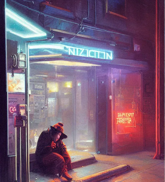 Image similar to foggy neon night, eric cartman leaning back against a wall smoking a cigarette outside a neon lit entrance, 1 9 7 0 s, intricate, moody, tasteful, intimate, highly detailed, short focus depth, artgerm, donato giancola, joseph christian leyendecker