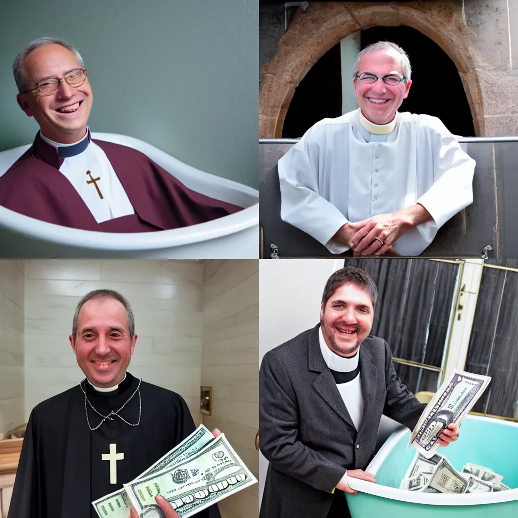 Prompt: photo of a smiling priest in a tub full of money