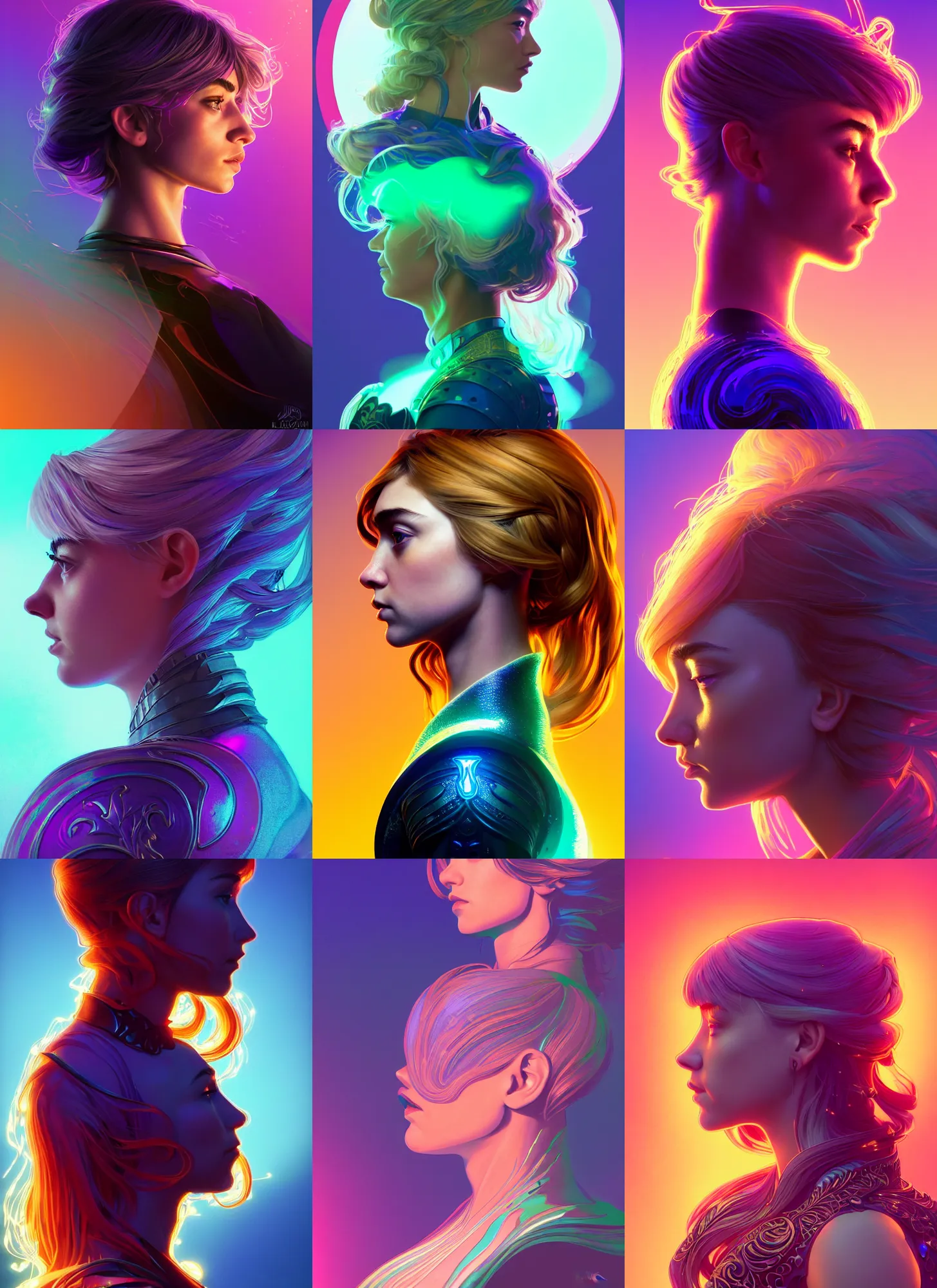 Prompt: side profile portrait, imogen poots paladin, d & d, soft, smooth, luminescent, art nouveau, concept art, backlit glow, ripples, swirly vibrant color lines, holy, gaudy colors, aesthetic octane render, 8 k hd, by ilya kuvshinov!!, cushart krentz, gilleard james