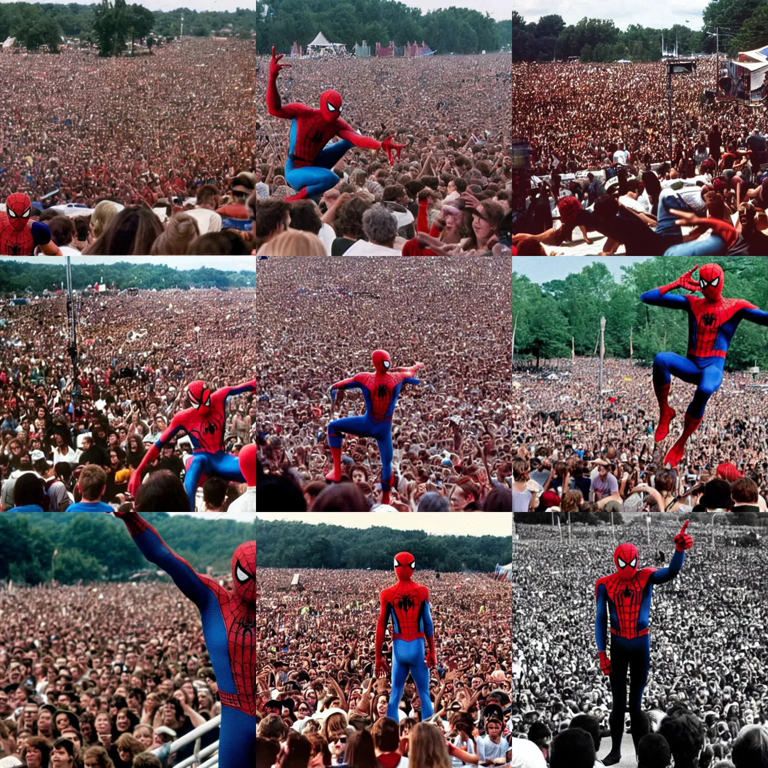 Image similar to spiderman perfoming at woodstock, crowd of people