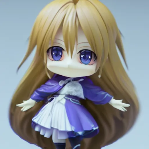 Prompt: 3d render of violet evergarden as a cute chibi figurine, blonde, blue eyes, blue-white dress, blender, artstation