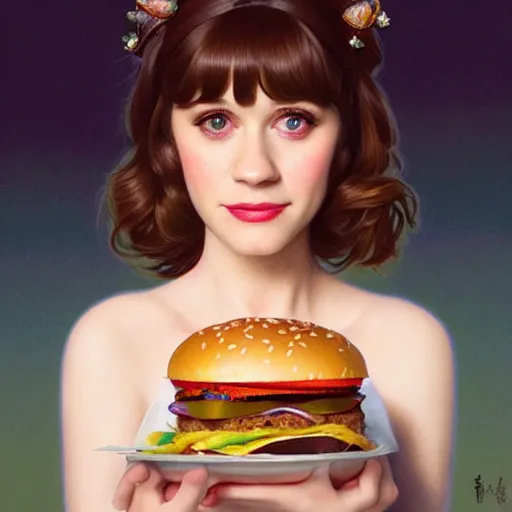 Image similar to portrait of Zooey Deschanel eating hamburgers, extra onions and ketchup, luscious patty with sesame seeds, feminine ethereal, handsome, D&D, fantasy, intricate, elegant, highly detailed, digital painting, artstation, concept art, matte, sharp focus, illustration, art by Artgerm and Greg Rutkowski and Alphonse Mucha