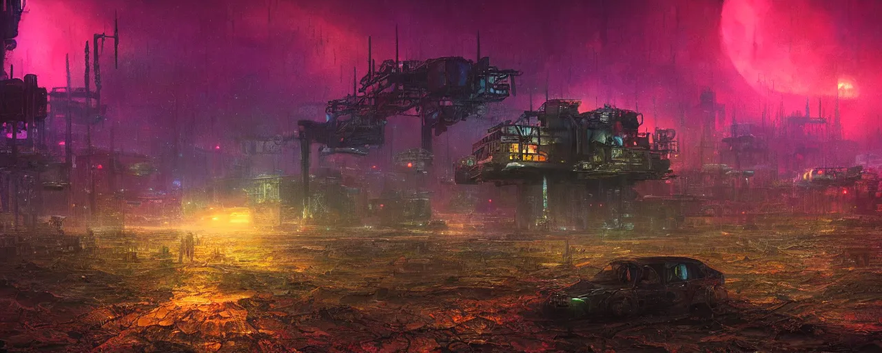 Image similar to ” otherwordly depressing landscape radioactive desolate wasteland at night, [ cinematic, detailed, epic, widescreen, opening, establishing, mattepainting, photorealistic, realistic textures, octane render, art by paul lehr ] ”