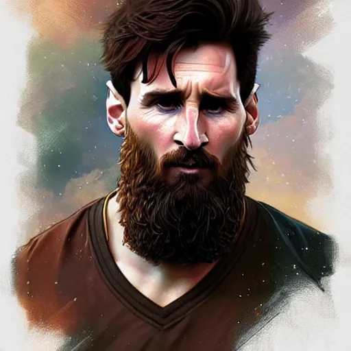 Image similar to Messi with a majestic beard, D&D, fantasy, intricate, elegant, highly detailed, digital painting, artstation, concept art, matte, sharp focus, illustration, art by Artgerm and Greg Rutkowski and Alphonse Mucha