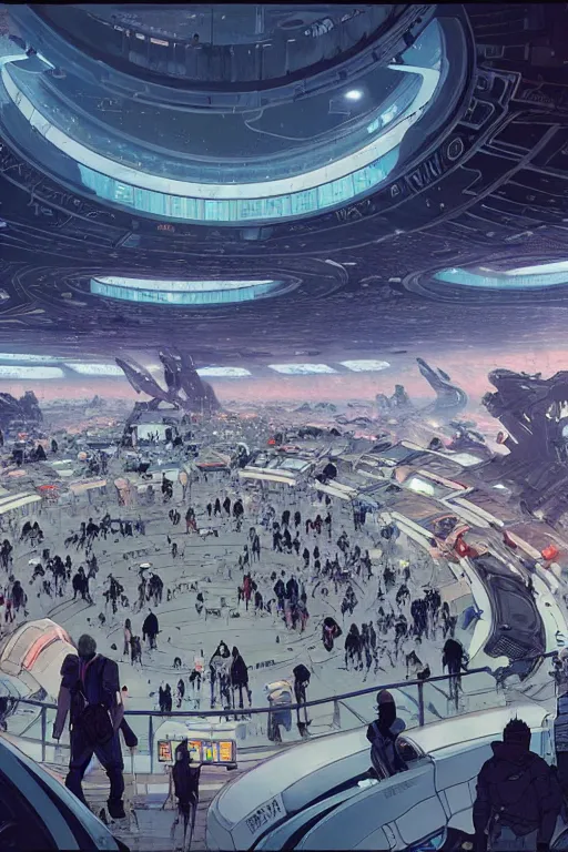 Image similar to the interior of a futuristic spaceport, large crowd of people, by kim jung gi and greg rutkowski, rule of thirds