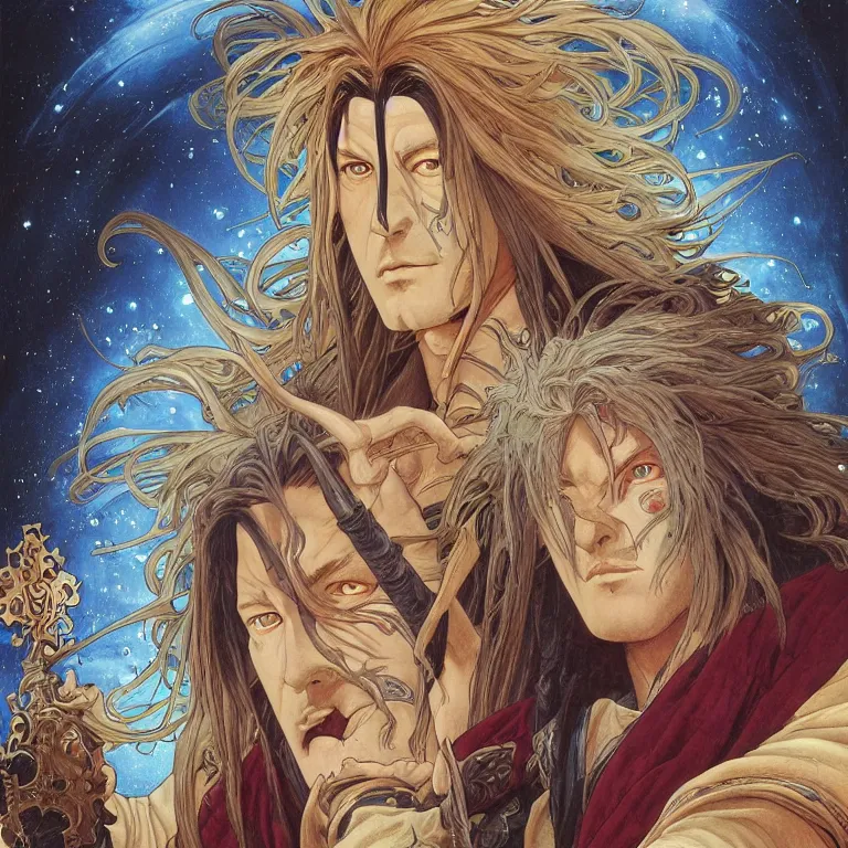 Prompt: portrait of Madara Uchiha by Jeff Easley and Peter Elson + beautiful eyes, beautiful face + symmetry face + border and embellishments inspiried by alphonse mucha, fractals in the background, galaxy + baroque, gothic, surreal + highly detailed, intricate complexity, epic composition, magical atmosphere + masterpiece, award winning + trending on artstation