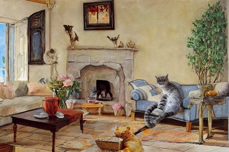 Prompt: Funny cat jumps in provence style living room, photorealism,