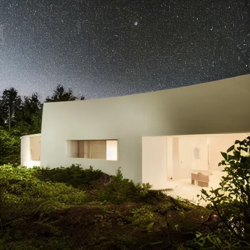 Image similar to cozy futuristic organic white concrete house in the middle of a lush and dense forest at night, a beautiful lake next to it, night time, night sky, starry night sky, atmospheric