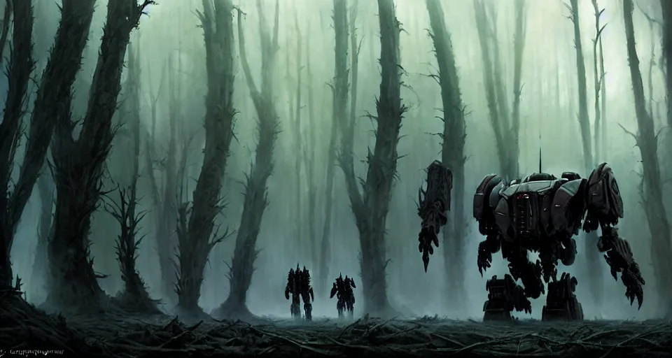 Image similar to giant darkgothic battlemech walking through a grimdark forest, the feeling of dark fantasy magic, hyper realistic sci - fi matte concept art painting, beautiful details, strong composition painted by kim jung guweta studio rutkowski, james gurney and greg rutkowski, and lucasfilm, smooth, intricate, detailed, sharp focus, cinematic