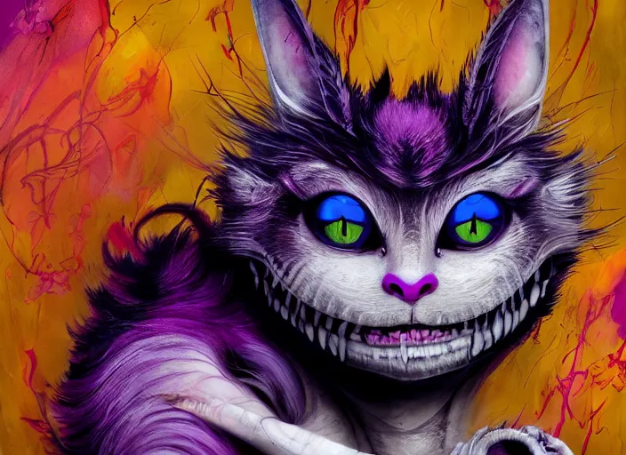 Image similar to dream portrait of Cheshire Cat from Alice in Wonderland,full character, melting ,8k,by tristan eaton,Stanley Artgermm,Tom Bagshaw,Greg Rutkowski,Carne Griffiths, Ayami Kojima, Beksinski, Giger,trending on DeviantArt,face enhance,hyper detailed,minimalist,cybernetic, android, blade runner,full of colour