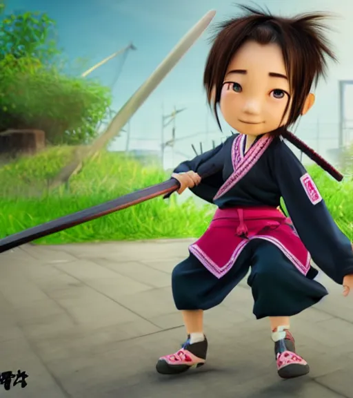 Prompt: extremely cute and adorable very tomboyish tomboy samurai girl with a strong japanese aristocratic - style image, by pixar