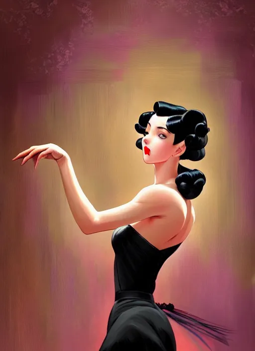 Image similar to a beautiful dancer with black hair in 1940's fashion, ballroom background, intricate, highly detailed, digital painting, artstation, official media, anime key visual, concept art, rich vivid colors, ambient lighting, sharp focus, illustration, art by Artgerm, Makoto Shinkai, Ilya Kuvshinov, Lois Van Baarle, and Rossdraws