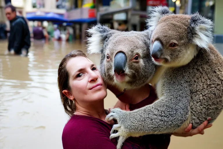 Image similar to closeup portrait of a woman carrying a koala over her head in a flood in Rundle Mall in Adelaide in South Australia, photograph, natural light, sharp, detailed face, magazine, press, photo, Steve McCurry, David Lazar, Canon, Nikon, focus