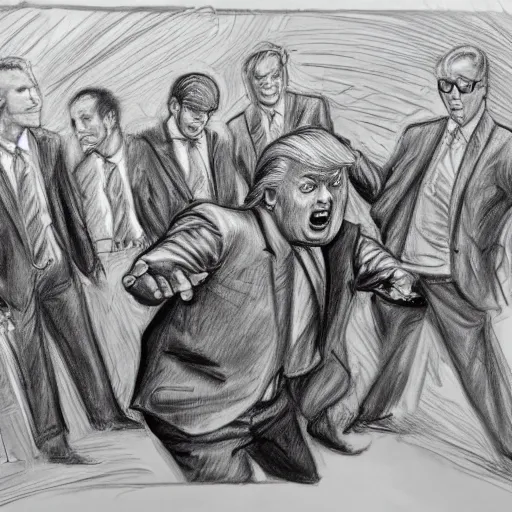 Image similar to highly detailed realistic sketch of donald trump fighting and yelling at a fbi agents, award winning , masterpiece on a scroll , post-processing